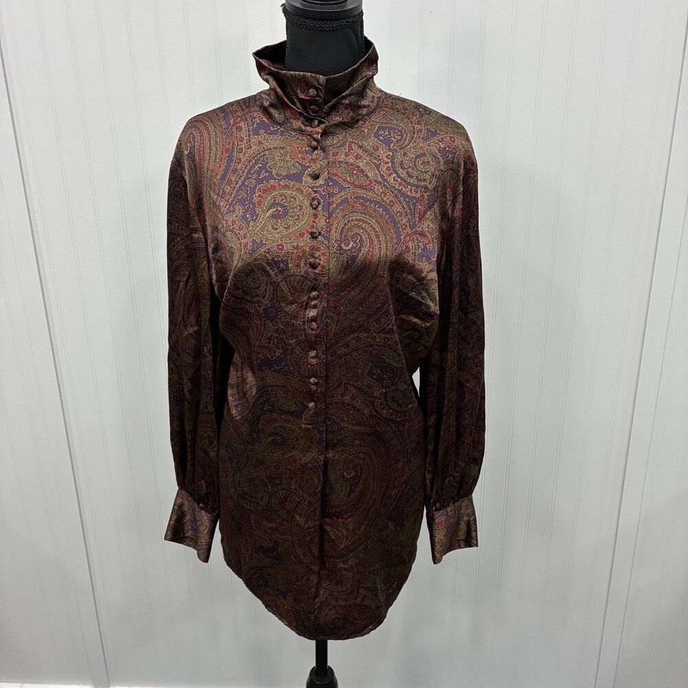 Ralph Lauren Women's 1X Brown Purple 100% Silk Button Blouse Luxury 90s Retro